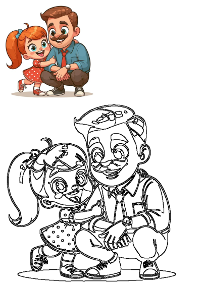 A heartwarming cartoon father and daughter happy moment, depicting a smiling dad squatting as his joyful daughter hugs him.