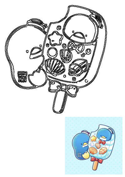 Detailed line art of a cute penguin popsicle featuring two penguins, a starfish, and various seashells, with a bow on the stick.