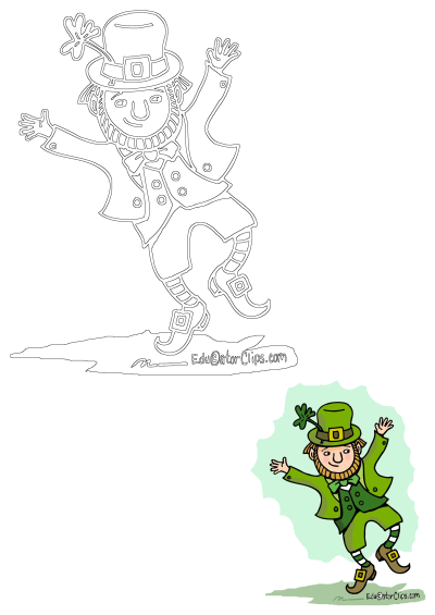 A cheerful cartoon leprechaun dancing in green attire with a shamrock hat for St. Patrick's Day, includes line art version.