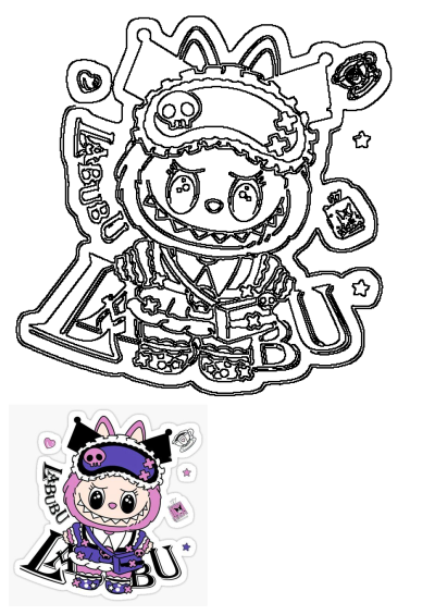 Labubu cute horror style cartoon character in a purple and pink outfit with a skull sleep mask and bunny ears, a sticker design.