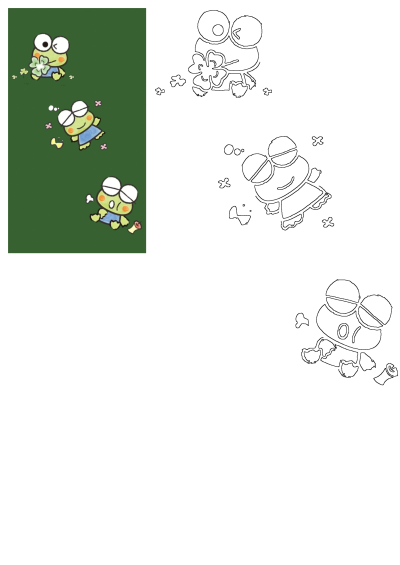 Cute Keroppi cartoon characters on a green background, one holding a clover, others relaxing and lying down among small flowers.