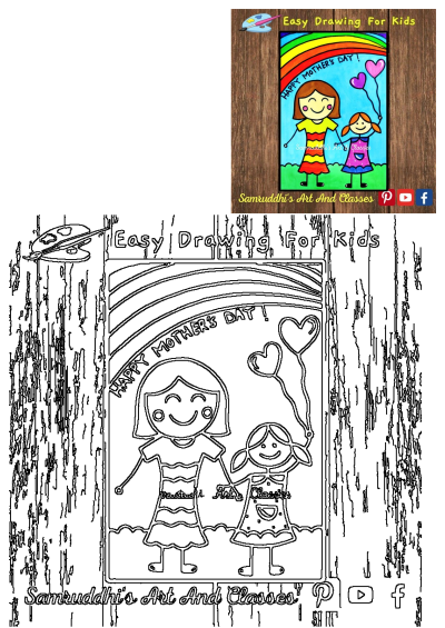An easy Mother's Day drawing for kids showing two smiling girls, a mother and daughter, holding hands under a rainbow with heart balloons.