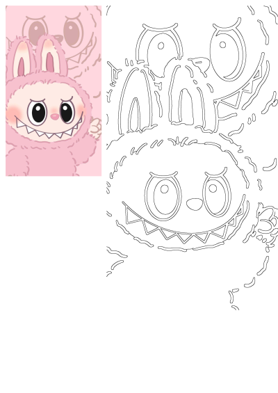 Cute Pink Monster In Bunny Suit Cartoon Character with big eyes and sharp teeth. Image includes a colored version and its black-and-white line art outline.