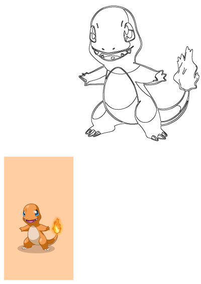 Cartoon Charmander Pokemon with an orange body, blue eyes, and a bright flaming tail, alongside a line art version.