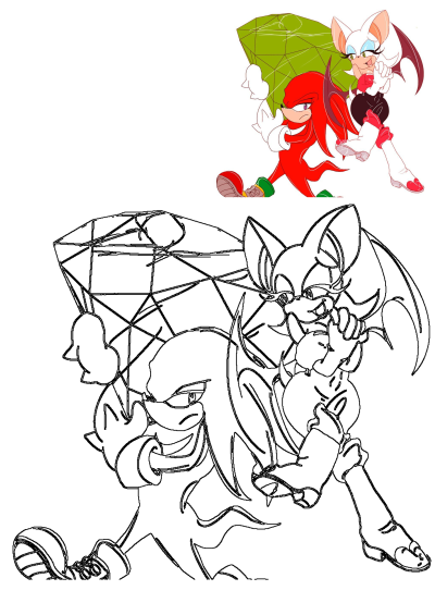 Knuckles and Rouge protect a green Chaos Emerald, depicted in both vibrant color and detailed line art, showcasing their teamwork.