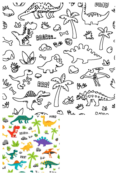 A seamless pattern with various cute cartoon dinosaurs, including roaring ones, lush palm trees, bones, and jungle elements on a white background.