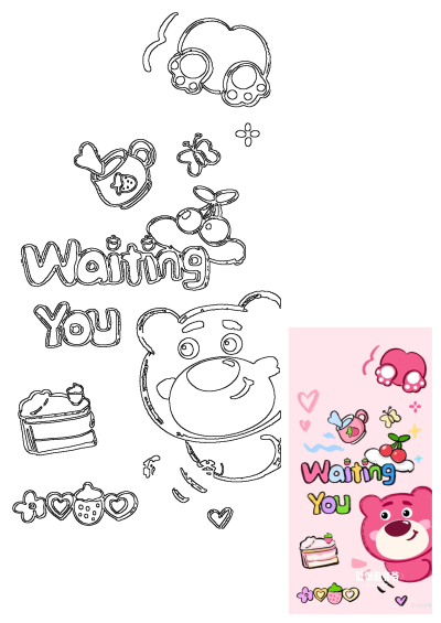 Pink Lotso bear illustration with 'Waiting You' text, sweet paw prints, cake, cherries, and hearts on a pink background. Includes outline art.
