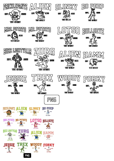 Toy Story character names with illustrations: Buzz, Woody, Jessie, Slinky, Aliens, Mr. Potato, Lotso, Forky in outline and colorful styles.