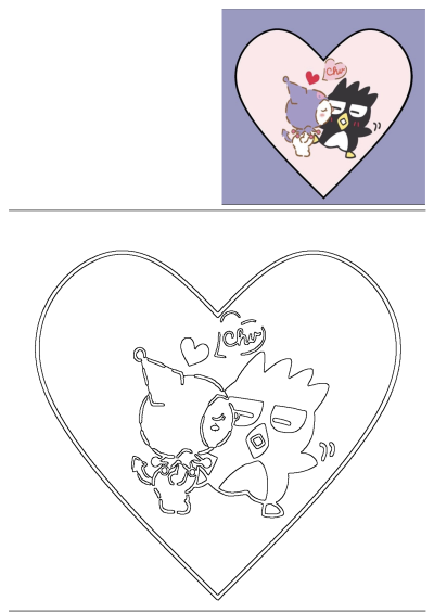 Kuromi and Badtz-Maru kissing cartoon characters in a heart. Features both a colorful illustration and a printable line art version.