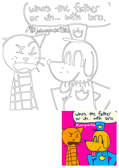 Funny cat and dog cartoon. An angry orange cat confronts a smiling blue dog in a crown, asking, 'who's the father or uh... wth bro.'