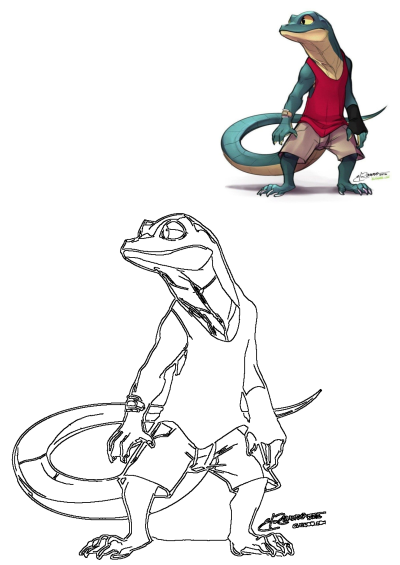 A vibrant cartoon illustration of a blue-green anthropomorphic lizard in a red tank top and beige shorts, alongside its line art outline.