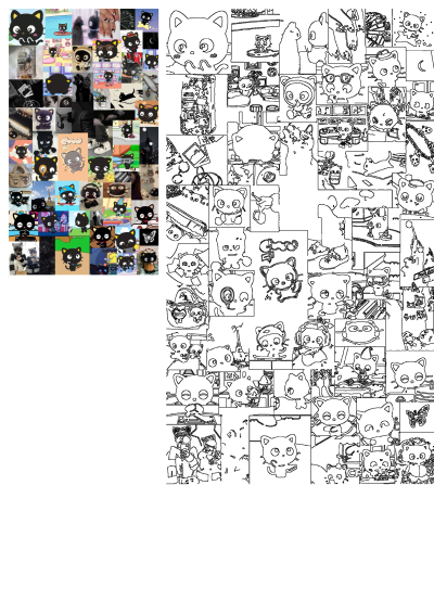 Black cat collage showcasing diverse styles: vibrant character illustrations, real cats, and numerous black and white line art scenes.