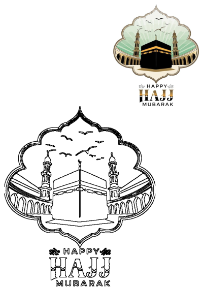 Happy Hajj Mubarak Kaaba illustration with minarets in an ornate frame, accompanied by a black and white outline version for Islamic festival greetings.