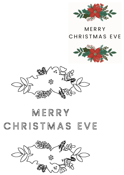 Merry Christmas Eve Poinsettia Holly Floral Greeting featuring vibrant red poinsettias, green holly, and berries, alongside outline versions.