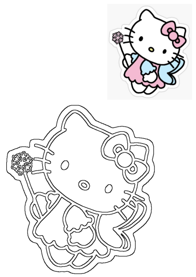 Hello Kitty vector illustration featuring pink and blue wings and a snowflake wand. Includes a full-color version and a black outline.