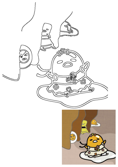 Line art of Gudetama, a cartoon egg yolk character in a floral outfit, sitting in egg white. Includes small reference of other Gudetama characters with food.