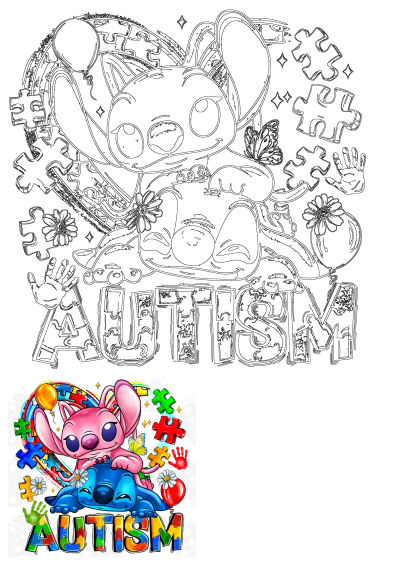 Disney Stitch & Angel Autism Awareness PNG. Features colorful puzzle pieces, balloons, handprints, and 'AUTISM' text for sublimation.