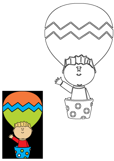 Cheerful cartoon boy waves from a vibrant hot air balloon illustration, with an outline version perfect for coloring activities.