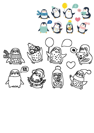Collection of adorable penguins in winter outfits, featuring scarves, hats, and balloons, presented as colorful illustrations and outlines.