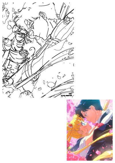 Romantic anime artwork of Sailor Moon and Tuxedo Mask in a passionate kiss, surrounded by swirling ribbons and falling rose petals.