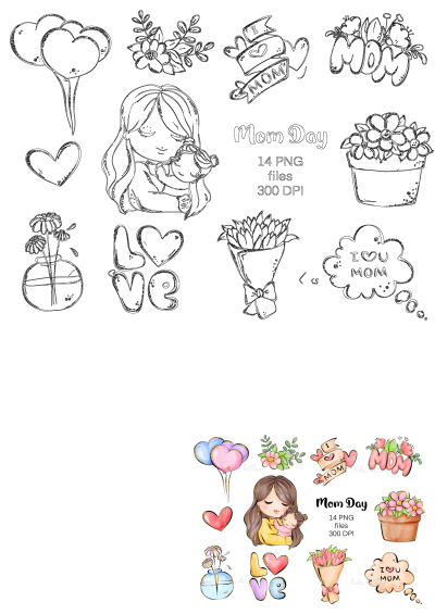 Mother's Day clipart collection: flowers, heart balloons, mother and child, 'Mom' text. Both outline and colored with glitter.