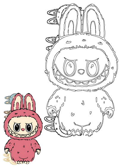 Cute pink bunny cartoon character with big eyes, animal ears, and a mischievous grin. Includes a colored drawing and a black outline.