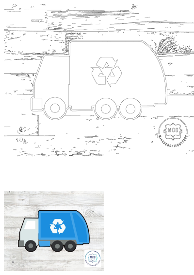 Blue and white recycling truck design, featuring line art and a colored illustration with the universal recycling symbol. Ideal for cookie cutters.