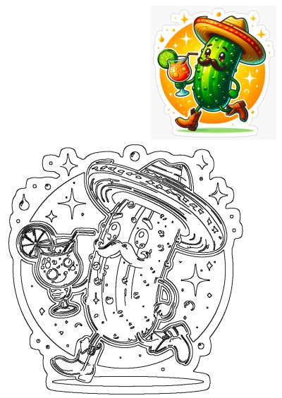 Vibrant cartoon cactus sticker in a sombrero, mustache, and boots, happily holding a festive tropical drink.