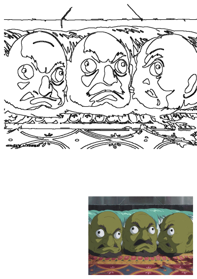 Three distinct green heads with beards and angry expressions from Howl's Moving Castle resting on a decorative bed.