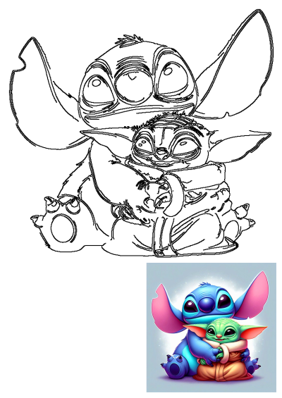 Line art drawing of the cute cartoon characters Stitch and Baby Yoda (Grogu) in a heartwarming embrace.