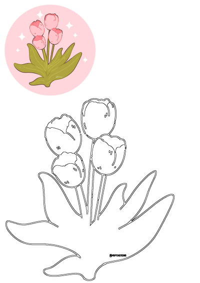 Vibrant pink tulips with lush green leaves on a sparkling pink circular background, accompanied by a precise line art for coloring.