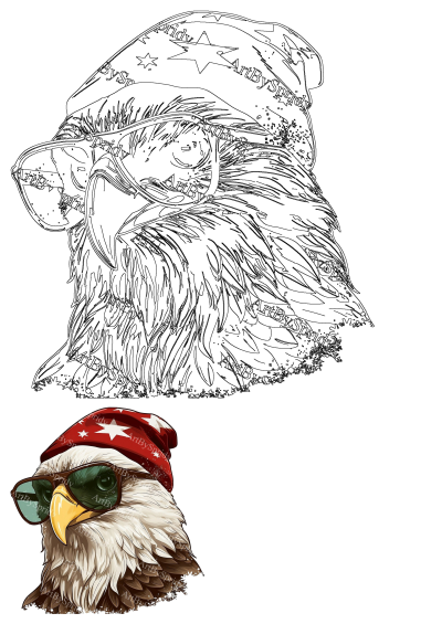 A cool patriotic eagle with sunglasses and a stars hat, depicted as a detailed illustration and a crisp line art design.