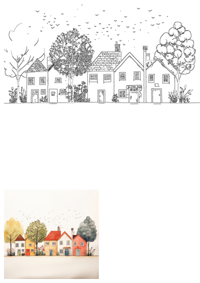 Vibrant watercolor houses, spring trees, and birds street scene, paired with its line art outline, available as a digital download.