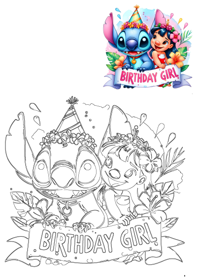 Stitch and Lilo with birthday hats and leis, holding a 'Birthday Girl' banner, depicted in color and outline for party decor.