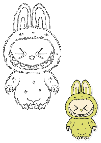 Illustration of a grinning, toothy cartoon monster bunny character, depicted in line art and a small green version.