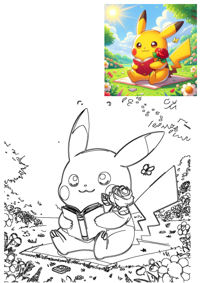 Pikachu cartoon reading a book and holding a red rose, sitting on a blanket in a vibrant, sunny flower field.