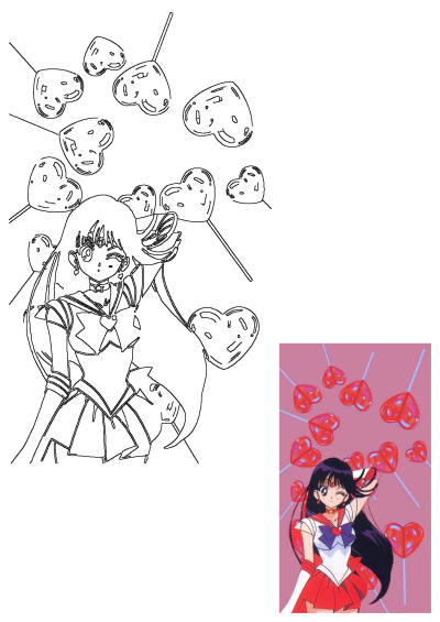 Sailor Mars Heart Lollipops Anime Aesthetic: iconic character with floating heart candies, in vibrant color and clean outline versions.