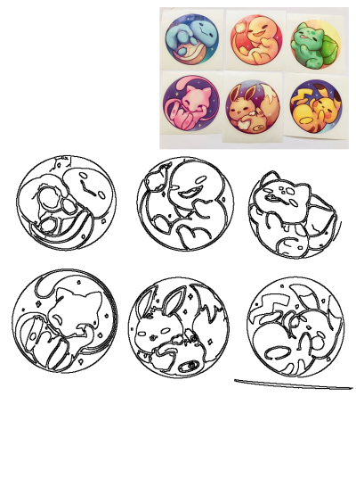 Cute Pokemon stickers featuring Pikachu, Charmander, Squirtle, Bulbasaur, Mew, and Eevee in yin-yang poses, with their B&W outlines.