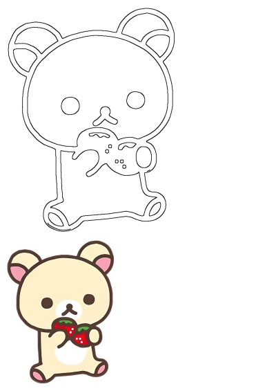A cute Rilakkuma bear, light brown with dark outlines, sweetly holding two vibrant red strawberries. A charming kawaii character.