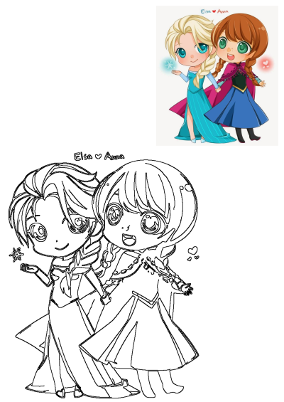 Chibi outline art featuring Frozen cartoon Elsa holding a snowflake and Anna holding hands, depicting the royal sisters.