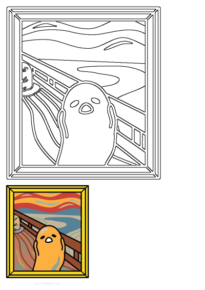 Gudetama, the Sanrio egg character, is depicted in an art reflection of Edvard Munch's The Scream painting, holding its face.