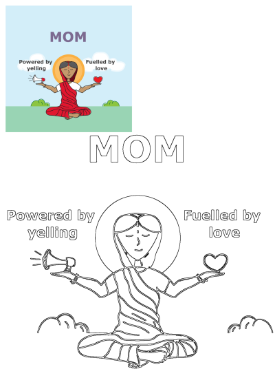 Humorous cartoon illustration of a mom, depicted like a deity, balancing a yelling megaphone with a loving heart in a field.