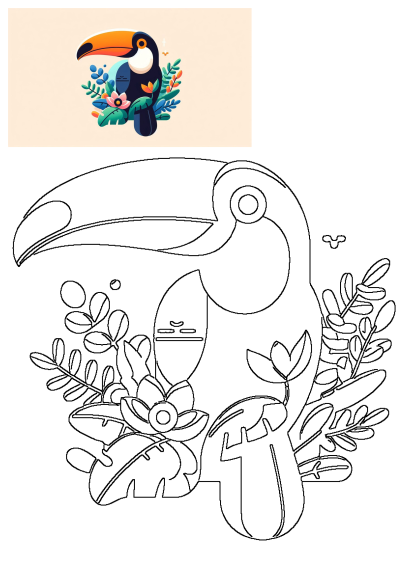 Vibrant tropical toucan illustration with an orange beak, colorful flowers, and lush green leaves, alongside its line art version.