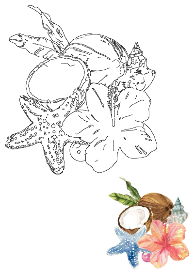 A vibrant watercolor illustration of tropical leaves, coconuts, hibiscus, starfish, and seashells, with a matching black line art sketch.