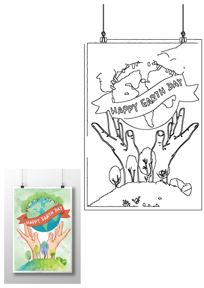 Happy Earth Day illustration showing hands gently holding the planet Earth with a banner and a landscape of trees. Symbolizes environmental care and conservation.