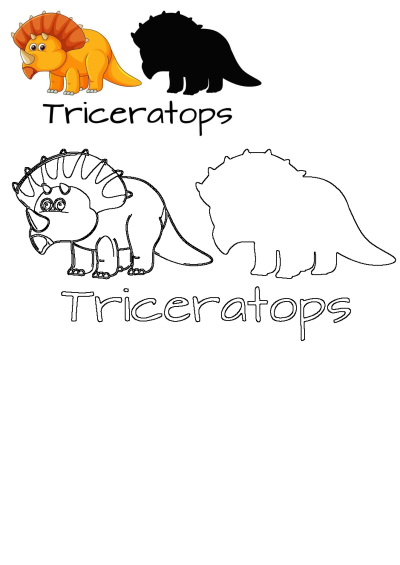 An engaging illustration featuring a vibrant cartoon triceratops, a black silhouette, and matching outline versions for creative play.