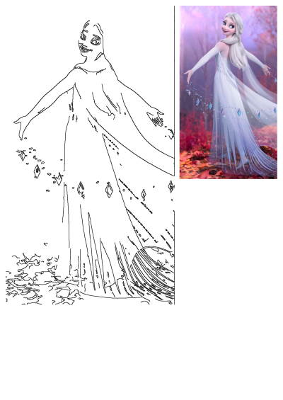 Smiling Frozen Elsa princess with white hair, blue eyes, and white gown amidst a magical forest with red leaves, presented in color and outline.