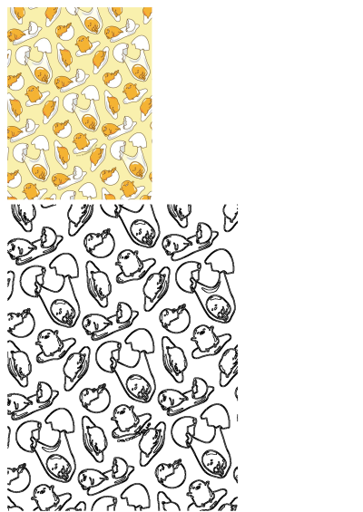 A vibrant Gudetama egg pattern with orange and white shapes on a yellow background, accompanied by a black outline version for coloring.