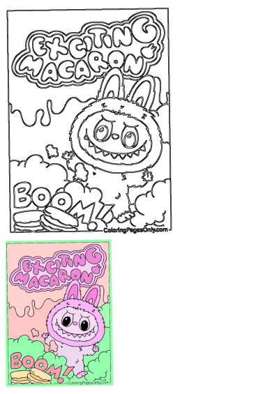 A playful cartoon macaron monster with big eyes and a wide grin, surrounded by clouds and macarons, featuring 'Exciting Macaron' and 'Boo!' text.