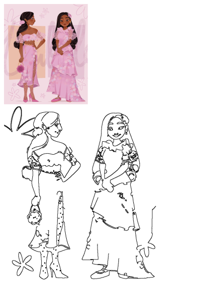 Digital art of two women in elaborate pink floral dresses, adorned with flowers. One in a crop top and slit skirt, the other in a flowing gown.